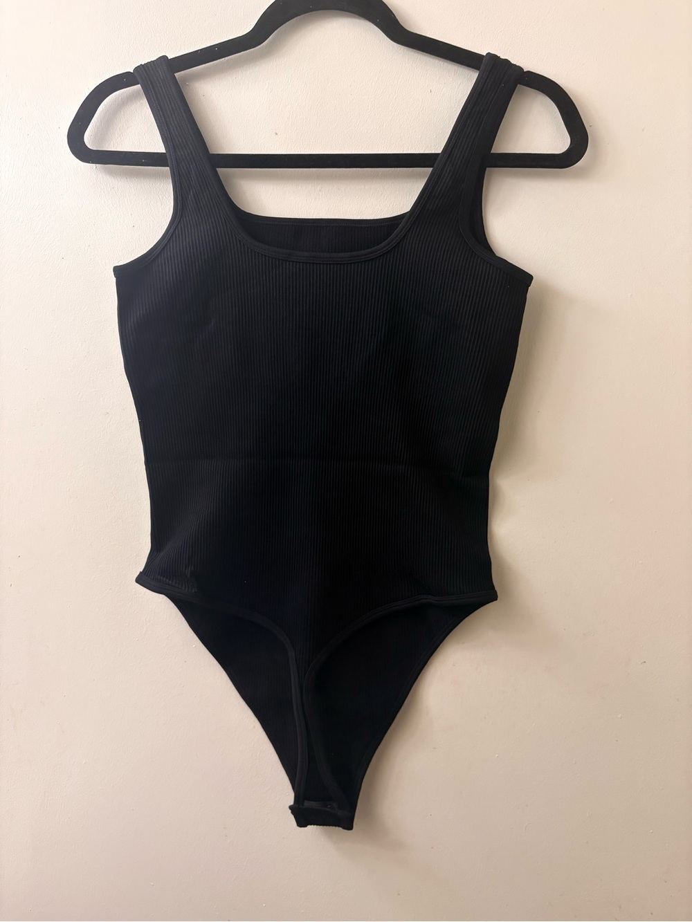 Black Ribbed Square-Neck Bodysuit